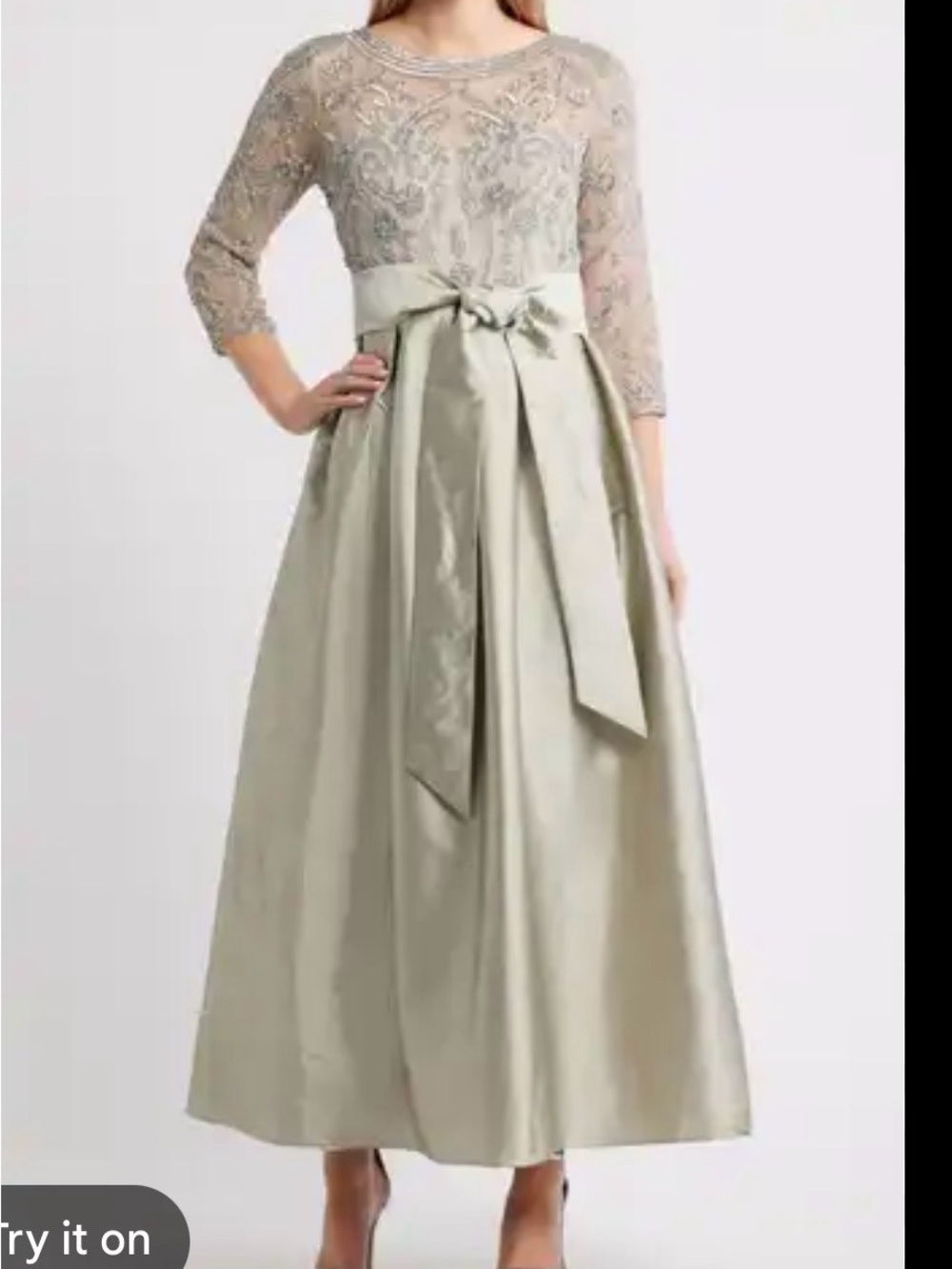 Pisarro Nights Silver Lace Bodice Satin Maxi Gown with Waist Bow 10 *Flaw
